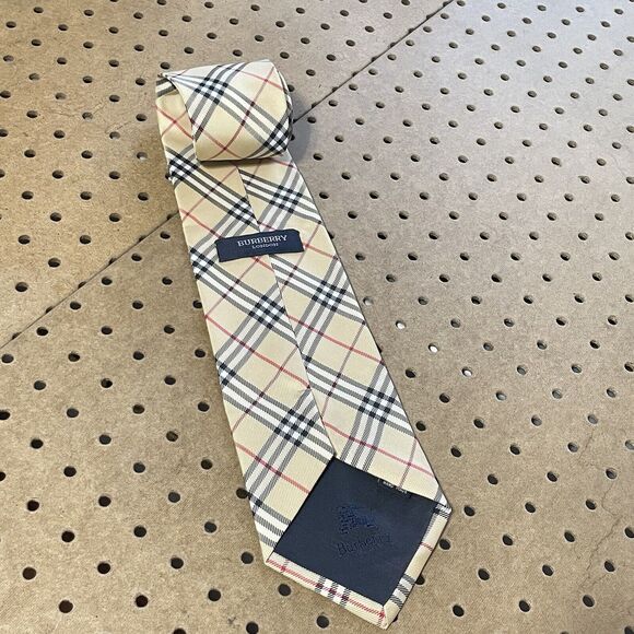 VTG Burberry London Nova Check Wide Width Hand Made Silk Neck Tie Beige Men - Picture 4 of 7